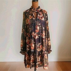 Ronni Nicole Long Sleeve Babydoll Dress Size 8 Dark Floral Fall Colors Short